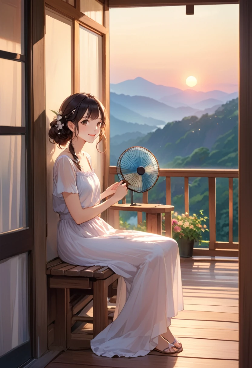 Highest quality、High resolution、Detailed Background、Beautiful face in every detail、Detailed facial expressions、age beauty、Cute hair colour、Cute hairstyle、Smiling、
A house at dusk、Sit on the porch、The breeze outside is pleasant、Feeling cool with a fan、The sound of a fan spinning、I can hear it through the screen door、Summer twilight time、Relax and unwind、sit on the veranda、Take a slow, deep breath、The light of the day is fading、A comfortable time、The breeze outside is pleasant、A breather、A relaxing evening、Enjoy a summer moment