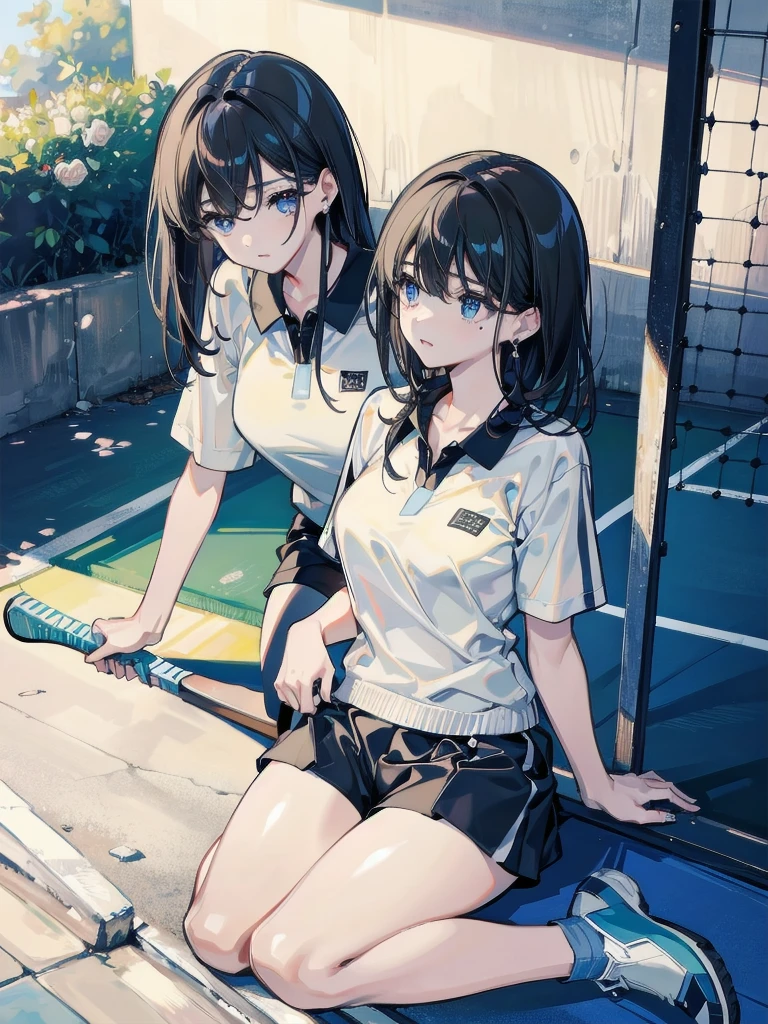 absurdres, RAW photo, extremely delicate and beautiful, masterpiece, Best Quality, ultra high resolution, 32k, hyperrealistic, ultra-detailed, in her 20s, delicate facial features, tearful mole, earring, medium breasts, full body shot, shorter middle hair, black hair, tennis uniform, shirt, shorts,