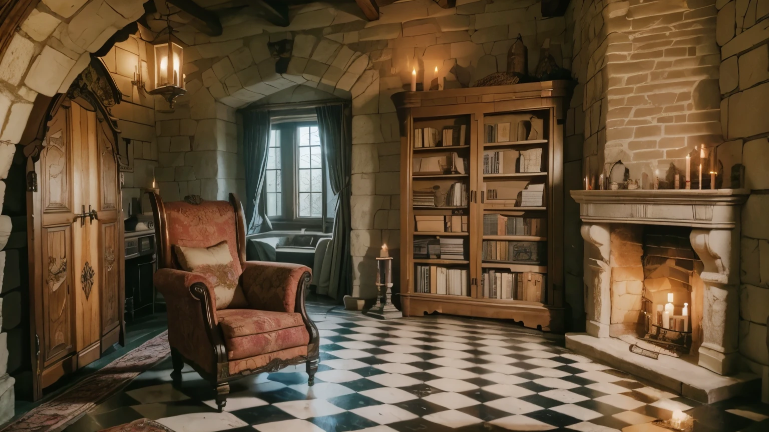 a cozy old castle room, a window, a firepace, a candle, a door, a boofshelf. Do everuthing magical like a disney castle, achented, full, of dreams, magic room