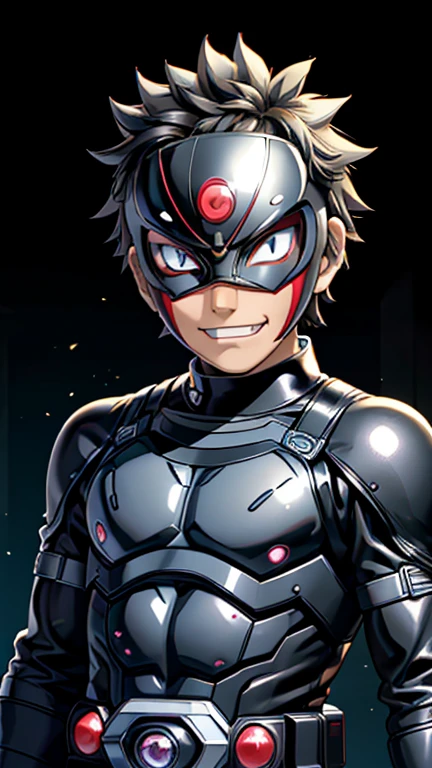 (8k),(masterpiece),(Japanese),(8-year-old boy),((innocent look)),((Childish)),From the front,smile,cute,Innocent,Kind eyes,Flat chest, Kiba Inuzuka,Kamen Rider,black helmet,black superhero mask,camisa,no Hair,night,dark, Neon light cyberpunk Konoha village