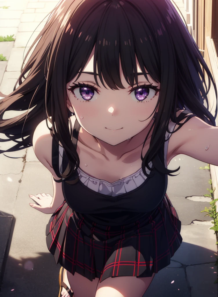 Takiuchikami, Check it out, Long Hair, bangs, Black Hair, (Purple eyes:1.2),happy smile, smile, Close your mouth,Sweat,White Tank Top,Checked skirt, Heeled Sandals,Walking,Daytime,Clear skies,whole bodyがイラストに入るように,
break outdoors, countryside,
break looking at viewer, whole body,
break (masterpiece:1.2), Highest quality, High resolution, unity 8k wallpaper, (figure:0.8), (Beautiful attention to detail:1.6), Highly detailed face, Perfect lighting, Highly detailed CG, (Perfect hands, Perfect Anatomy),