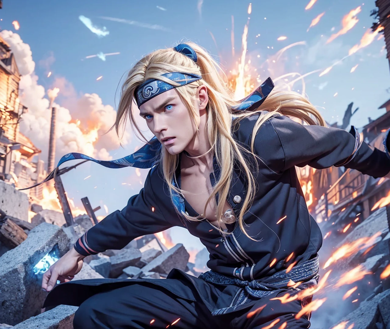 a man with long blond hair wearing a naruto headband, detailed face, piercing blue eyes, chiseled jawline, muscular body, dynamic action pose, explosions and fire effects in the background, highly detailed, vibrant colors, cinematic lighting, 8k, unreal engine, photorealistic