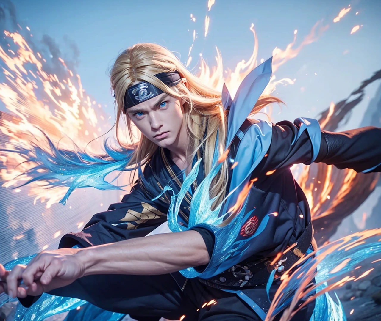 a man with long blond hair wearing a naruto headband, detailed face, piercing blue eyes, chiseled jawline, muscular body, dynamic action pose, explosions and fire effects in the background, highly detailed, vibrant colors, cinematic lighting, 8k, unreal engine, photorealistic