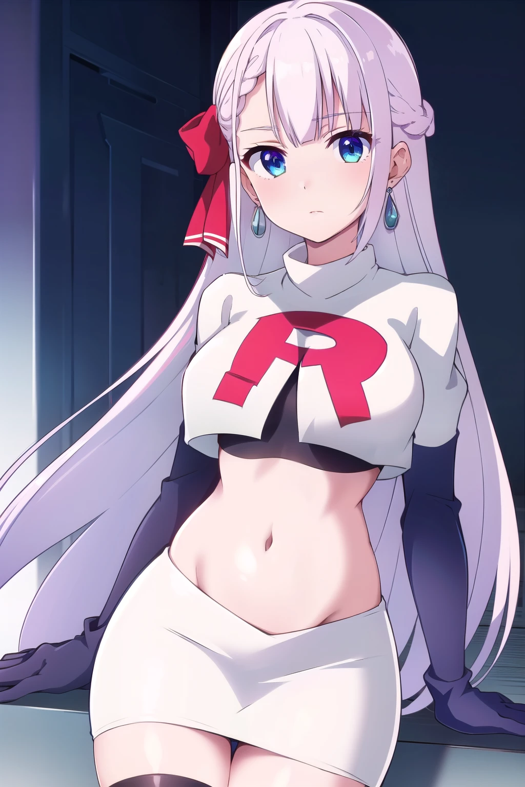 riselia,1girl,solo,braid,earrings,looking at viewer,blue eyes,bangs,ribbon,red ribbon,braided bangs,blush,team rocket,team rocket uniform,white skirt,red letter R,crop top,black thigh-highs,black elbow gloves