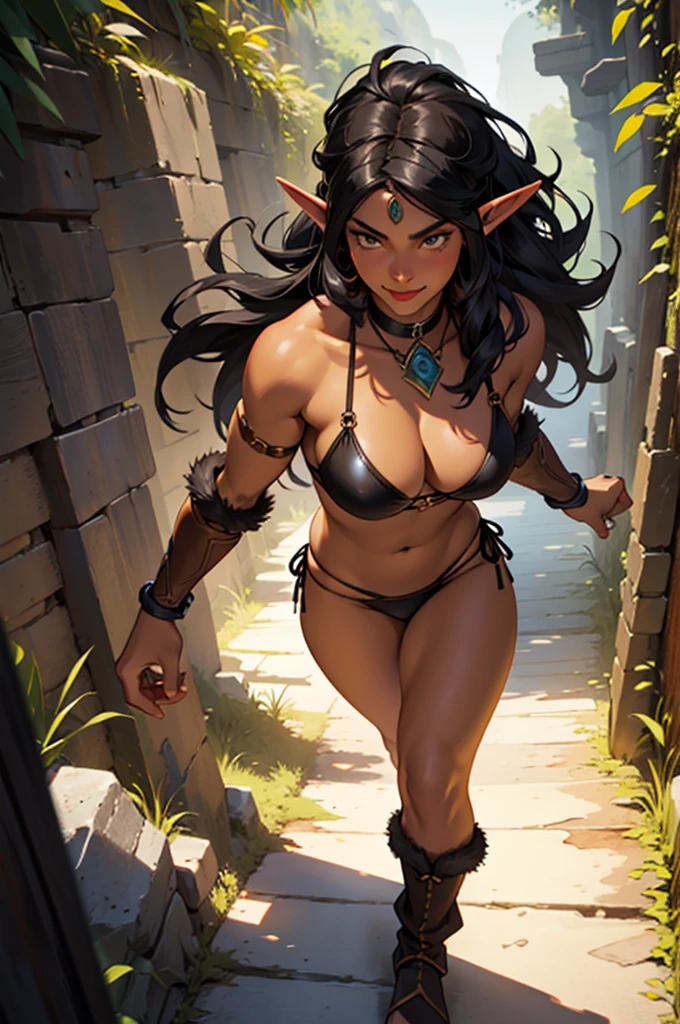 a oil painting ((native american elf)). She wears a brown leather bikini, fur boots, fur bracers. (((native American))), 1woman , curvy, slim waist, large breasts. ((black hair)), long hair, coco skin, Dark skin, brown eyes. (detailed eyes, detailed face), smile, red lips. Square jaw, high cheekbones, strong jaw line. Show her walking through a dark dungeon. pov from above. oil on canvas