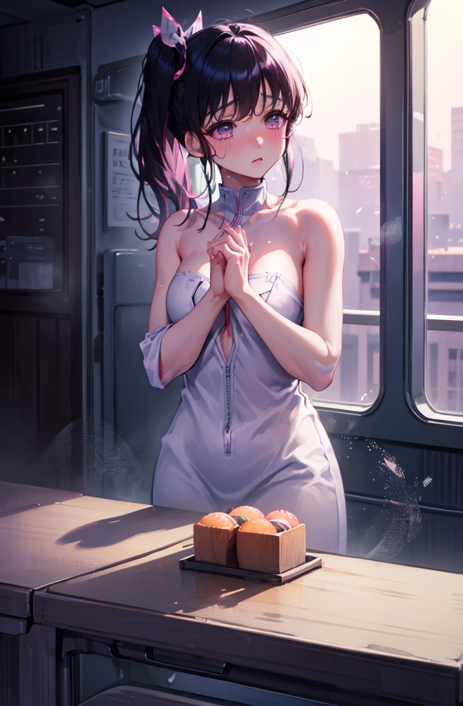 Random pose、cowgirl position、、cowgirl position、Upper body naked、nude、Hide your with your hands、Blushing、Embarrassed expression、、Not wearing a bra、Black Hair、Side Ponytail、Pale purple eyes、、Blushing、lipstick、Perfect hands、Detailed hands、Train seats、hand bra