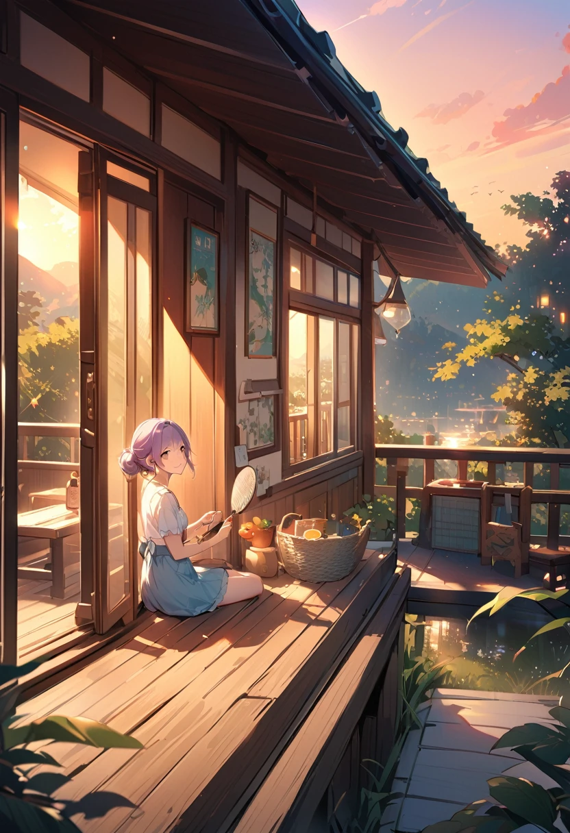 Highest quality、High resolution、Detailed Background、Beautiful face in every detail、Detailed facial expressions、Teenage beauty、Cute hair colour、Cute hairstyle、Smiling、
A house at dusk、Sit on the porch、The breeze outside is pleasant、Feeling cool with a fan、The sound of a fan spinning、I can hear it through the screen door、Summer twilight time、Relax and unwind、sit on the veranda、Take a slow, deep breath、The light of the day is fading、A comfortable time、The breeze outside is pleasant、A breather、A relaxing evening、Enjoy a summer moment