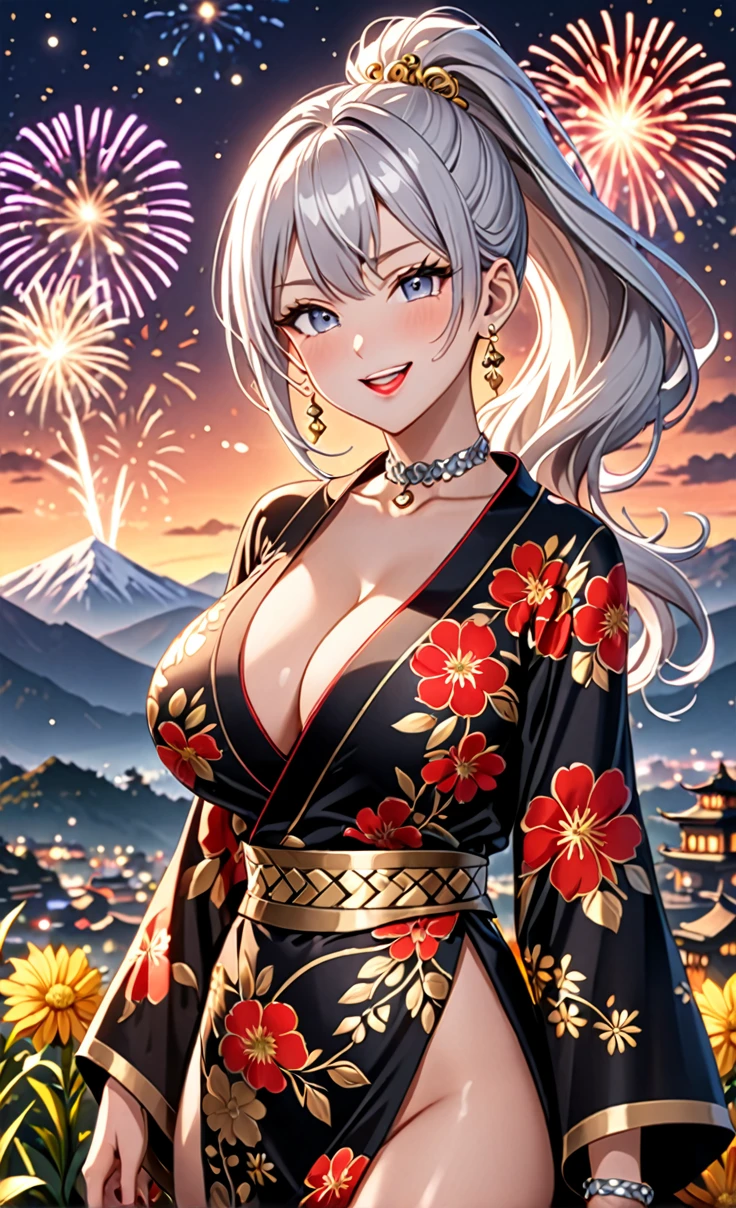 ((one girl)), hyper detailed, absurdres, 8K,Cute face, Beautiful Face, (Laugh shyly), ((laugh:1.4)), ((Wink:1.8)), Laugh with your mouth wide open, upper teeth, looking at viewer, ((full-face brash:1.5)), Glossy Red Lips, ((Big Breasts:1.4)), night,Mountain countryside landscape, firework, Glossy Red Lips, (Shining Face), ((Anime style background)),masterpiece, Highest quality, so beautiful,up to date, Complex details, (Pink long nails), (nail art), (Gold Ring),(Gold bracelet),(Gold floral choker), (helix piercing:1.7), AI-generated, Complex,, super high quality,3D Images、3D Images,One person,Long white hair,High Ponytail, Anime woman posing for a photo, ((silver eyes:1.6)), ((Fine grain、blue eyes、Shining Eyes:1.3)), (Squint your eyes:1.1),a hyperRealistic , hyperRealistic , Realistic,Anime woman with long white hair, Smooth anime CG art, (A woman in a colorful kimono with gold embroidery), ((Black long sleeve kimono:1.3)), Red floral pattern,(Long flower hair ornament),Floral Earrings,Mature Body,Abdominal muscles,Tight waist, ((Zoom in on face:1.6)),