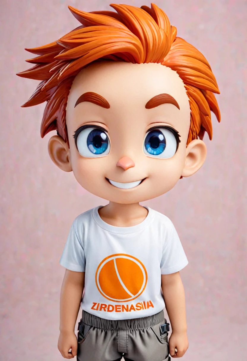 Highly detailed portrait cute cartoon image of a  boy named Izzu. Izzu is 8 years old, Indonesian, with black, straight, short hair, an oval face shape, thin eyebrows, a slightly sharp nose, and a wide forehead. He has blue eyes and is wearing a white t-shirt, an orange and blue jacket for children (orange on the top and blue at the bottom), gray cargo pants, and black shoes. Izzu has a big smile. The background is a simple pastel blue color.