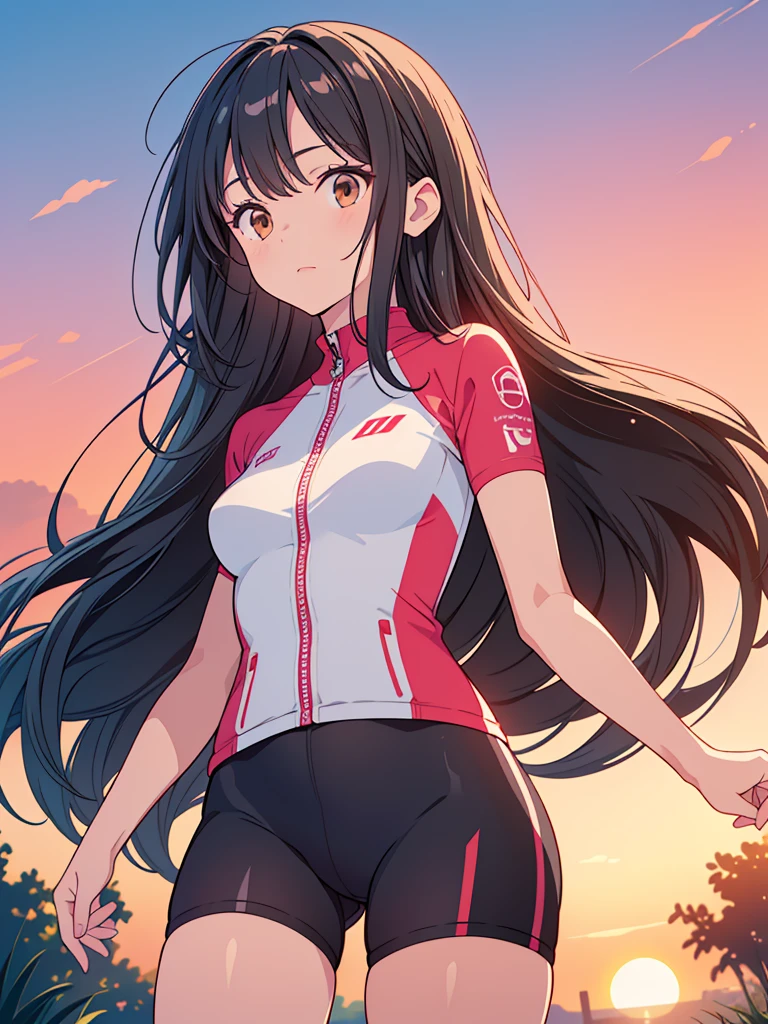 ( highres, ultra detailed, realistic, )(Anatomically correct）, 1 girl,long black hair, 20-years-old, wind blow，pink cycling wear, half cycling pants, standing on the grass, brown eyes looking at viewer, sunset sky background, ultra - detailed, best quality, Detailed diagram, vectorized, 8K, Graphic design, vector lines, Full-HD,Looking up, cowboy shot
