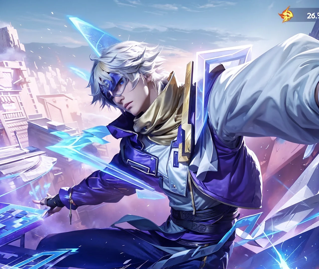 a man with long blond hair wearing a naruto headband, detailed face, piercing blue eyes, chiseled jawline, muscular body, dynamic action pose, explosions and fire effects in the background, highly detailed, vibrant colors, cinematic lighting, 8k, unreal engine, photorealistic