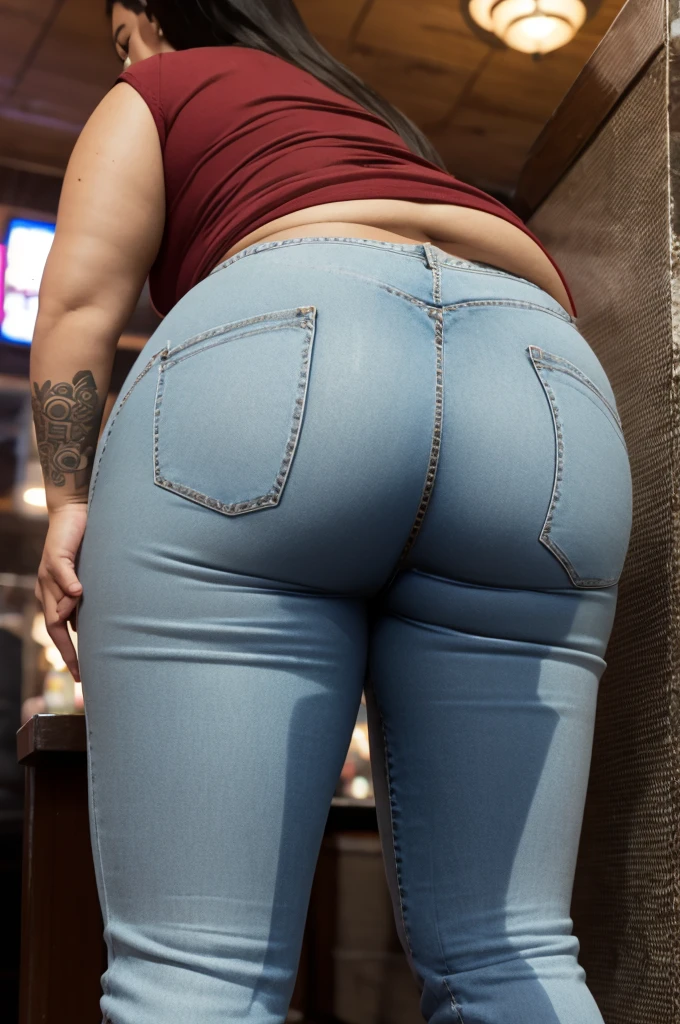 Portrait of a chubby latina woman peeing her jeans in a bar, (latina woman), (clothes), mid distance, large pee stain, (facing away), (big ass)