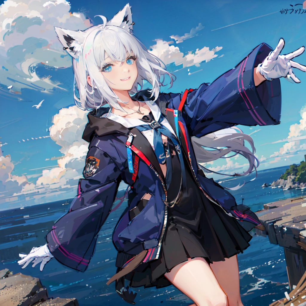 Gray Hair　blue eyes　Long Hair　have　student　Fox Ears　Nice　Blue Earrings　necklace　gloves　beauty　thin　Sailor suit　Wearing a black coat　Fantasy　smile　Coastal　sunset　Fluffy hair