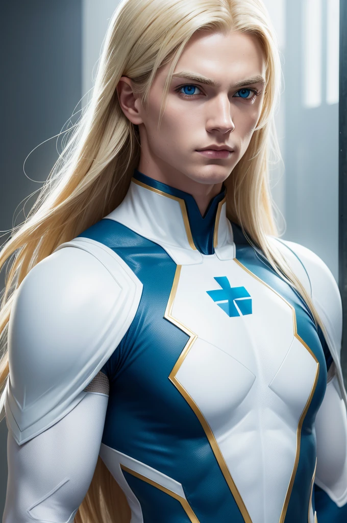 Create a white superhero, with blond hair and blue eyes, with a predominantly yellow uniform, green details and a blue cross on the chest