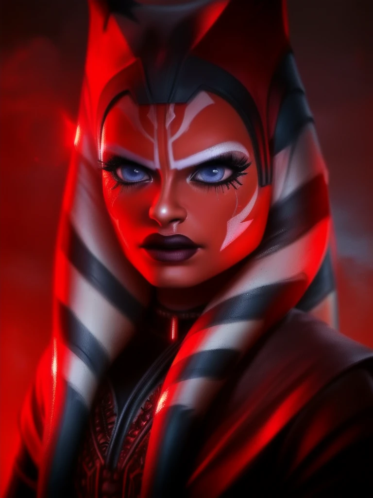 a highly detailed and realistic portrait of Ahsoka Tano, a female Togruta with beautiful detailed eyes, beautiful detailed lips, extremely detailed face, long eyelashes, holding a red lightsaber, dark side version, ambient lighting, cinematic composition, dramatic lighting, moody and atmospheric, photorealistic, 8k, intricate details, hyperrealistic, masterpiece