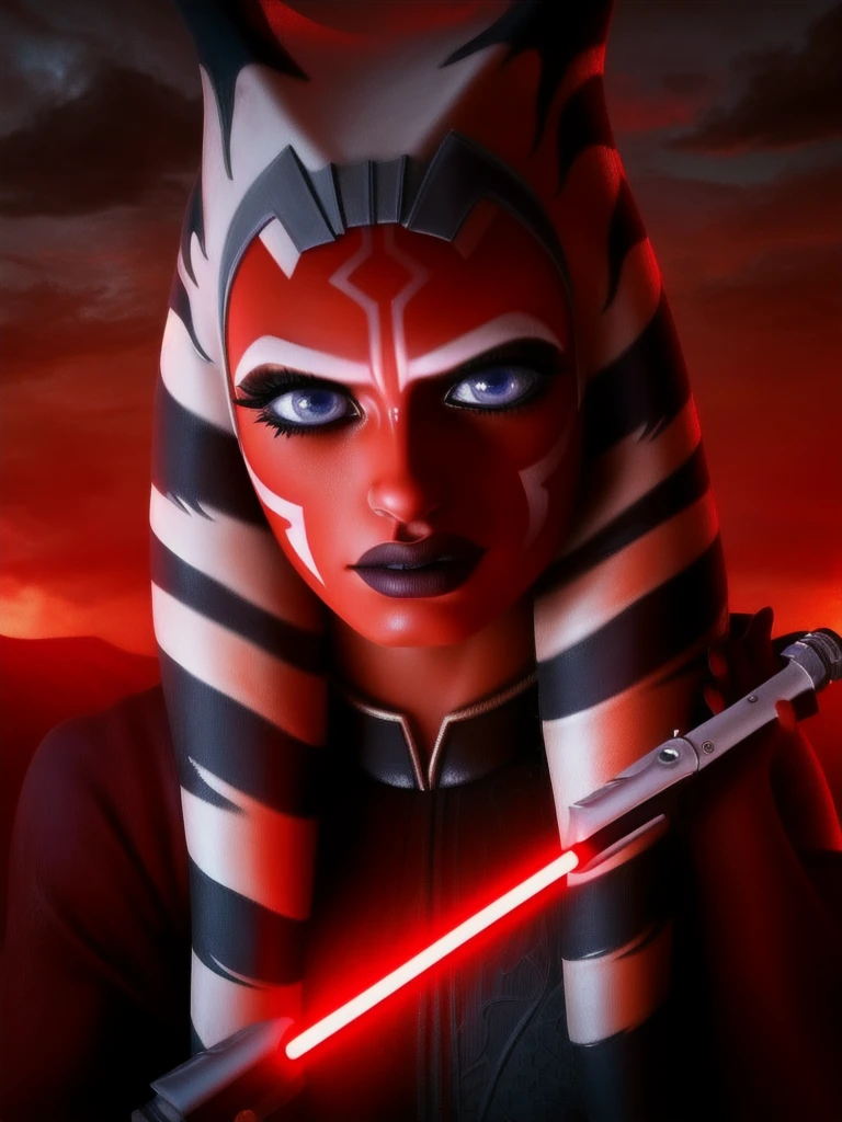 a highly detailed and realistic portrait of Ahsoka Tano, a female Togruta with beautiful detailed eyes, beautiful detailed lips, extremely detailed face, long eyelashes, holding a red lightsaber, dark side version, ambient lighting, cinematic composition, dramatic lighting, moody and atmospheric, photorealistic, 8k, intricate details, hyperrealistic, masterpiece