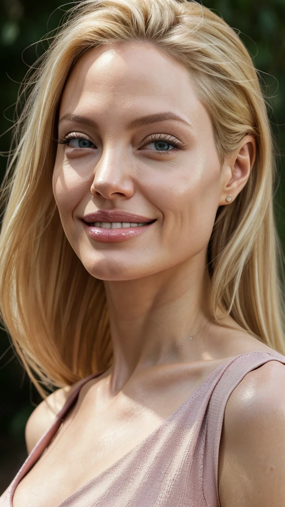 blonde Angelina Jolie, pink top, brilliant, perfect, Smooth skin, tight shorts, Toned abs, ((Full length photo))), concept portrait, 16K, absurdity, RAW photo, Top quality, (masterpiece: 1.3), Highly detailed RAW color photography, Professional photography, Extremely detailed photo, realistic, Best quality, A high resolution, perfect face, gorgeous face, Hole in the chin, Dimples when smiling, beautiful realistic eyes, (detailed skin texture:1.2),