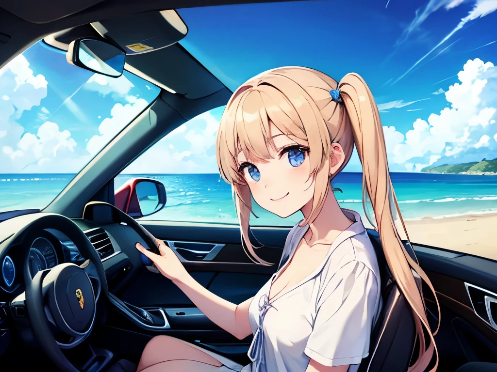 Light blue long hair、Beautiful girl with twin tails、Driving a Porsche along the beach、blue sky、White cloud、Bright smile、Seaside scenery