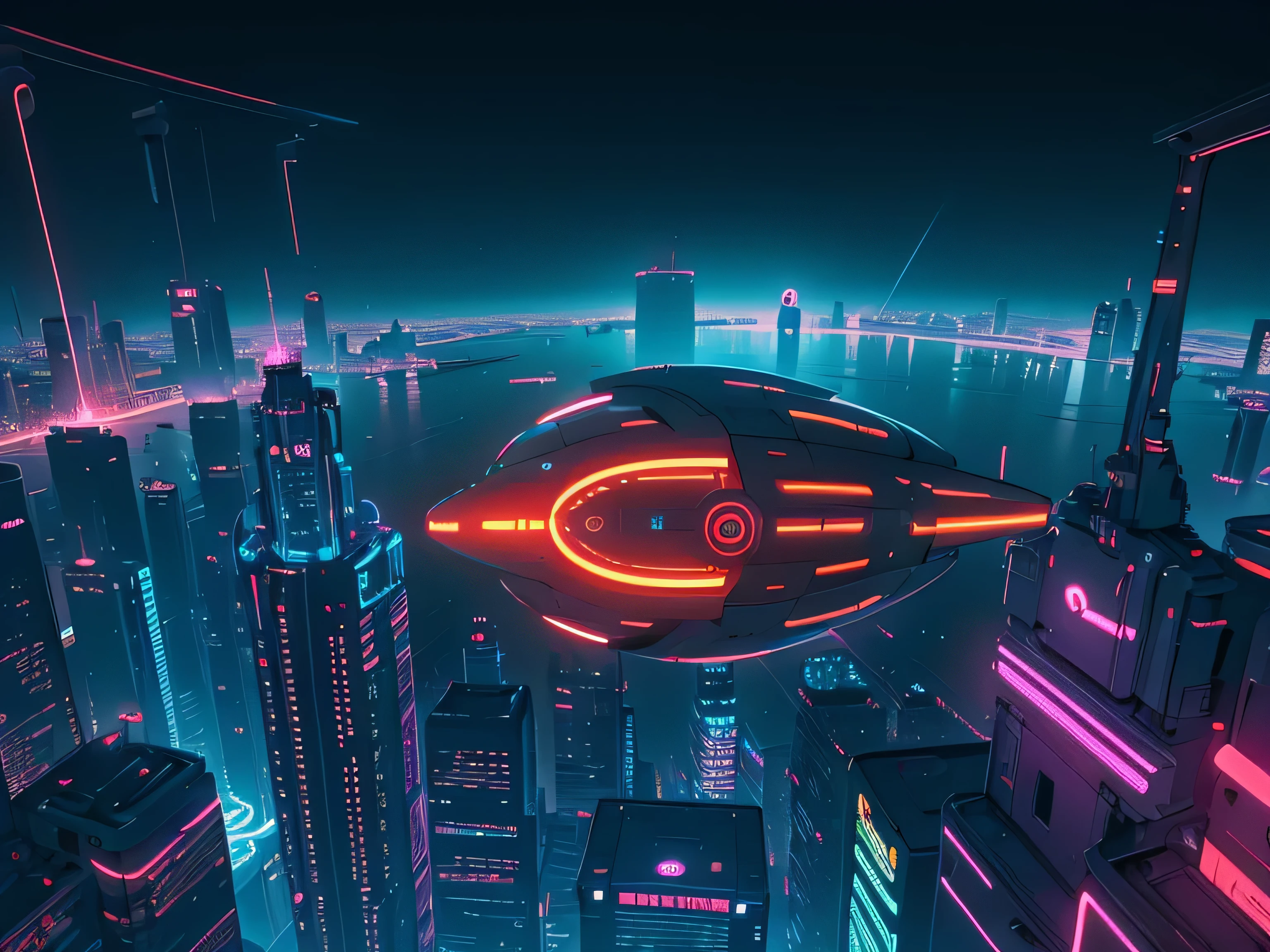 Top view of a small oval-shaped transport capsule jutting out over a vast, endless sea of ​​urban buildings, with neon glows of varying colors. 
colors and dark red tube magnetic rails that attach them to the upper level of the immense futuristic city, like 
floating chains that anchor the different levels together. cyberpunk night theme