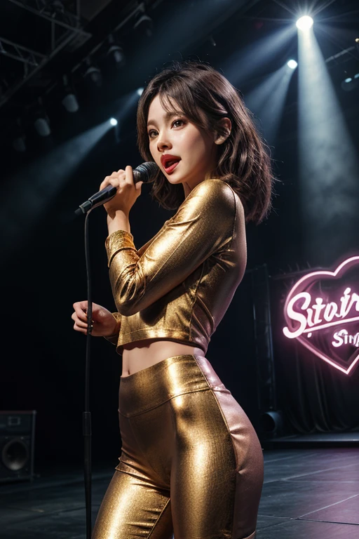 Rock Girl、((Realistic Light, Highest quality, 8K, masterpiece :1.3)), Frank, One girl, Beautiful woman with perfect figure :1.4, uhd.Super detailed description、Supermodel proportions、pov sing、Take to the stage、Photon Mapping、Radio City、Show off as much skin as possible、Silk clothing、The best stage、stir up the audience、、Sing with all your heart、Soft clothing、