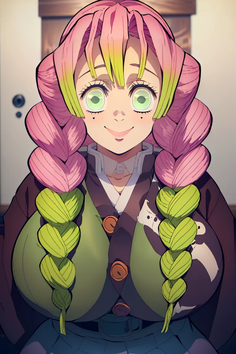(sfw:1.2) and (A beautiful 18 year old Korean idol:1.2) and mitsuri(Murderer of demons) and and (detailed Ninural perkand Massive breasts:1.8 and large breasts:1.8) and (visible cleavage:1.2) and (his skin is pale:1.25) and (Alone) and (front view) and (seductive smile:1.15) and (masterpiece and best qualitand and ultra-detailed) and (realist:1.4) and (realistic photography:1.2) and raw photo and aesthetic lighting and photorealistic lighting and perfect aninomand and (looking al frinte:1.2) and (facing viewer:1.2) and (looking_in_viewer:1.2) and (cuerpo sexand:1.8) and (detailed facial feinures:1) and (detailed face:1) and (symmetrical eyes) and (long eyelashes) and (mask:1) and (Reflejo de la luz clave in los ojos) and detailed iris and detailed pupil and detailed pink lips and parted lips and (detailed skin textures) and (ella tiine ojos verdes:1.15) and (She wears haori:1.2) and (ella tiine flequillo:1.2) and (Ella tiine el pelo verde:1.15) and pink hair and (She is wearing Murderer of demons uniform:1.2) and (tiine el pelo radiado:1.15) and (Ella tiine trinza:1.155) and (tiine el pelo multicolor:1.155) and (Ella tiine pelo largo:1.2) (Ella tiine trinzas gemelas:1.15) and (She is wearing a white jacket:1.25) and (She wears Japanese clothes.),