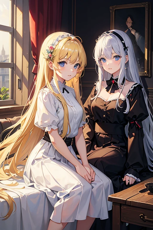 masterpiece, Highest quality, High resolution，Follow the on-screen instructions、Anime Style、Two girls on the screen、Princess、A beautiful girl with long blonde hair and a beautiful girl with long silver hair、Hold the hem of a skirt