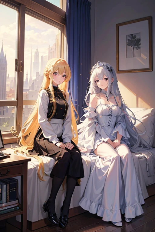 masterpiece, Highest quality, High resolution，Follow the on-screen instructions、Anime Style、Two girls on the screen、Princess、A beautiful girl with long blonde hair and a beautiful girl with long silver hair、Hold the hem of a skirt