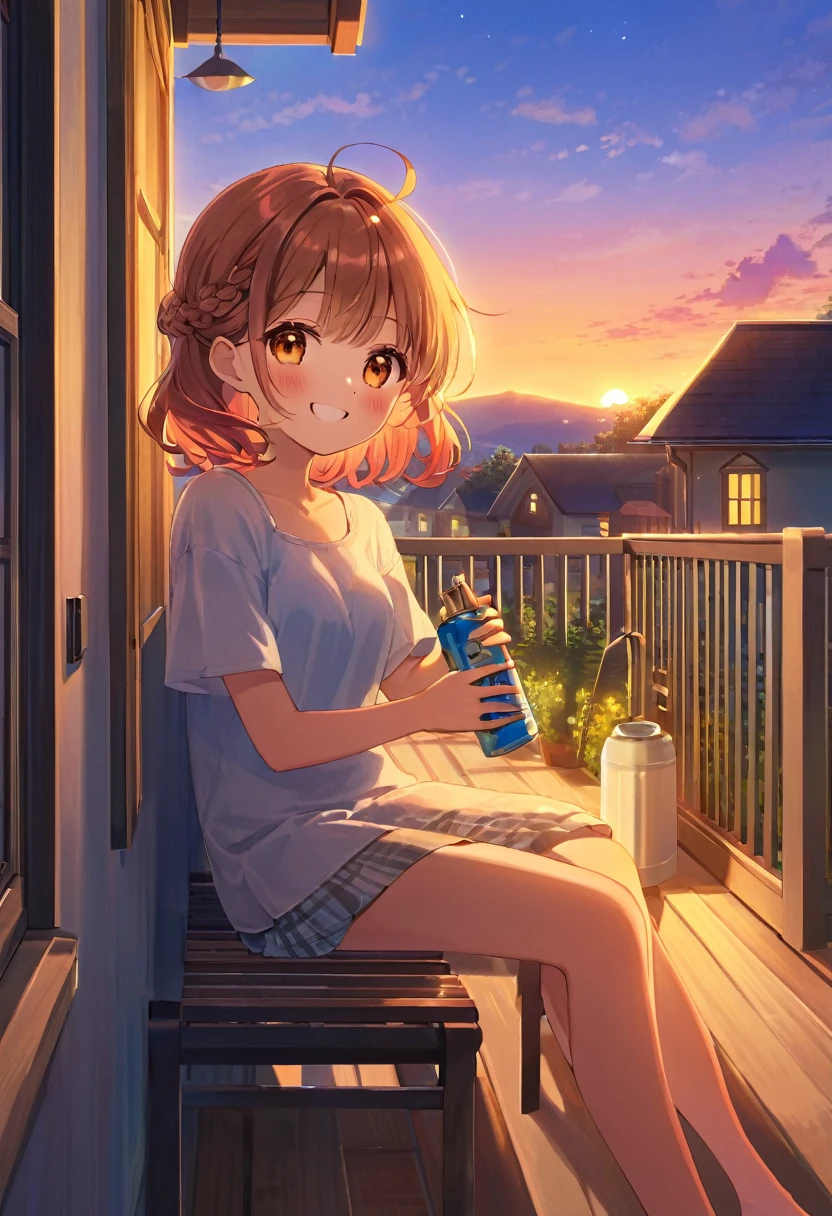 Highest quality、High resolution、Detailed Background、Beautiful face in every detail、Detailed facial expressions、Teenage beauty、Cute hair colour、Cute hairstyle、Smiling、
A house at dusk、Sit on the porch、The breeze outside is pleasant、Feeling cool with a fan、The sound of a fan spinning、I can hear it through the screen door、Summer twilight time、Relax and unwind、sit on the veranda、Take a slow, deep breath、The light of the day is fading、A comfortable time、The breeze outside is pleasant、A breather、A relaxing evening、Enjoy a summer moment