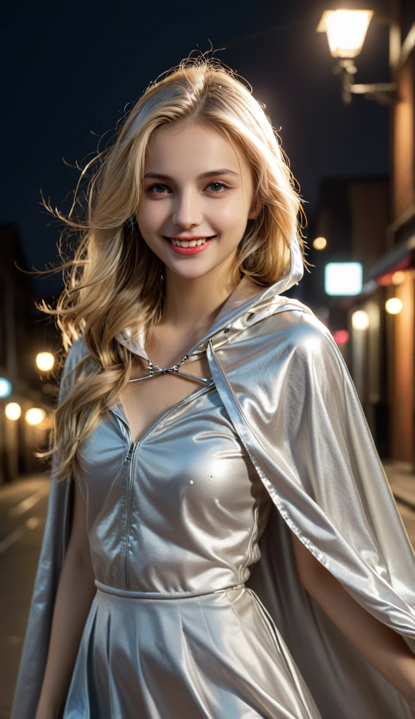 Vampyfangs1 , (RAW photo, best quality, masterpiece, ultra-detailed, high res), (realistic),(extremely delicate and beautiful:1), mesmerizing picture of beautiful smiling girl in her late 20s with long blonde  hair , ((silver hooded cape  tied at the neck)) , silver crop top and glossy skater skirt , she is a model posing for pictures ,  nighttime , highly detailed, extremely high-resolution ,details, photographic, realism pushed to extreme, fine texture, 8k, ultra-detailed, high quality, high contrast