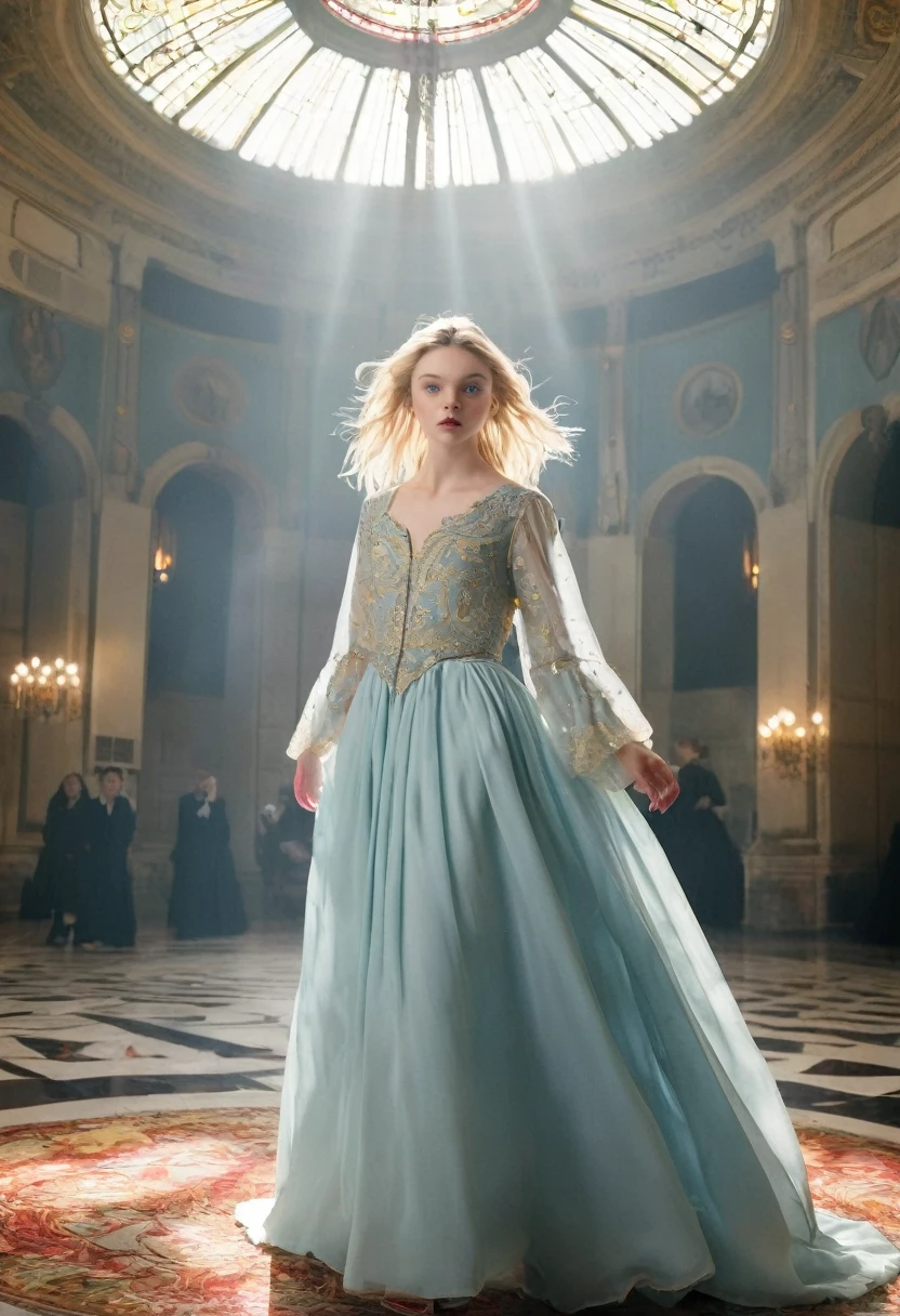 Blonde , Elle Fanning mix of Lindsay Ellingson mix of Mackenzie Foy (amazingly beautiful supermodel girl portrait:1.4), (very long legs), small ears, cinematic sensual, (light blonde hair), (light blue eyes), (fair skin), professional portrait of beautiful young blonde , cloak, collar, puffy sleeves, ruffle miniskirt, ballet skirt, stiletto pumps, (partying), sheer clothing, transparent clothing, napoleonic clothing, (art deco), gold filigree, ornate, pronounced feminine feature, perfect skin, (Elven Architecture), (high ceiling), palace, water, stained glass, marble, (spacious), (majestic), (feast), Rivendell, Gondolin, Venetian golden age, intricate, complex, (many young girls playing), spectacular lighting, camren bicondova belle delphine Meika Woolard