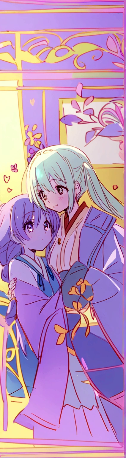 Anime couple hugging in front of a window with a purple background, Color sketch anime manga panel, Happy!!!, Inspired by Rei Kamoi, Inspired by Takeharu Matsumura, Vocaloid, Rimuru and Milim, Inspired by Sengai, night color, Singey, inspired by Narashige Koide, Inspired by Shinsui Ito