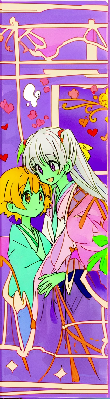 Anime couple hugging in front of a window with a purple background, Color sketch anime manga panel, Happy!!!, Inspired by Rei Kamoi, Inspired by Takeharu Matsumura, Vocaloid, Rimuru and Milim, Inspired by Sengai, night color, Singey, inspired by Narashige Koide, Inspired by Shinsui Ito