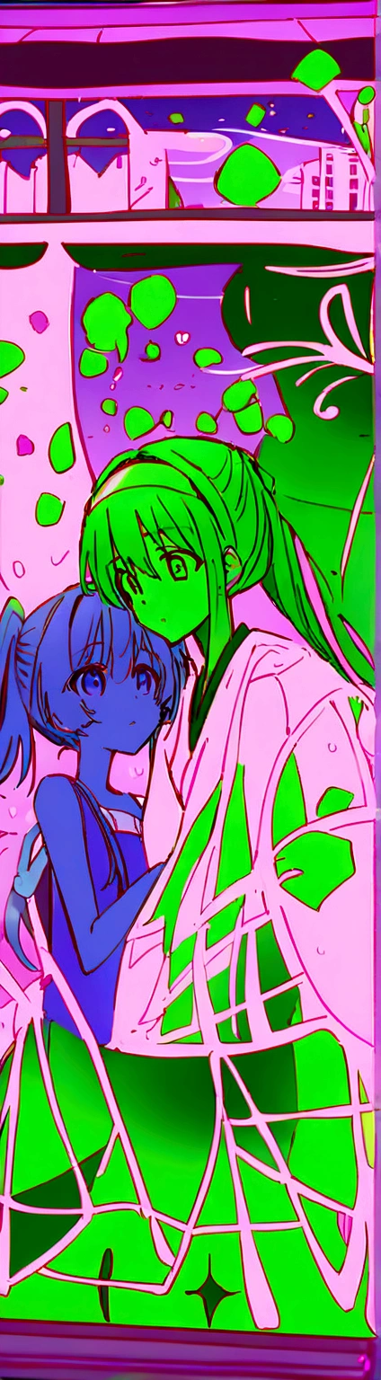 Anime couple hugging in front of a window with a purple background, Color sketch anime manga panel, Happy!!!, Inspired by Rei Kamoi, Inspired by Takeharu Matsumura, Vocaloid, Rimuru and Milim, Inspired by Sengai, night color, Singey, inspired by Narashige Koide, Inspired by Shinsui Ito