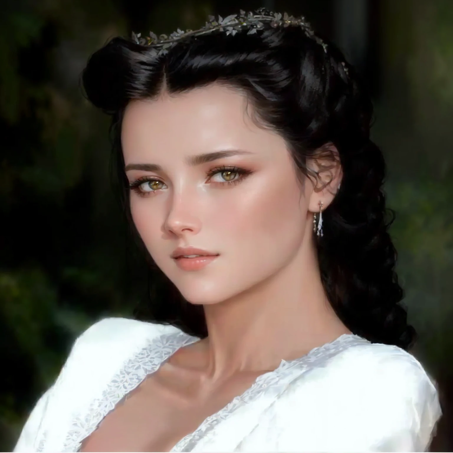 a close-up of a woman in a white dress and black hair, work of art! portrait of arwen, young arab Monica Belluci, anastasia ovchinnikova, beautiful caitriona balfe, yelena belova, kaya scodelario, Scarlett&#39;s Heads, Catarina, angelina stroganova, Direction: Olga Rozanova