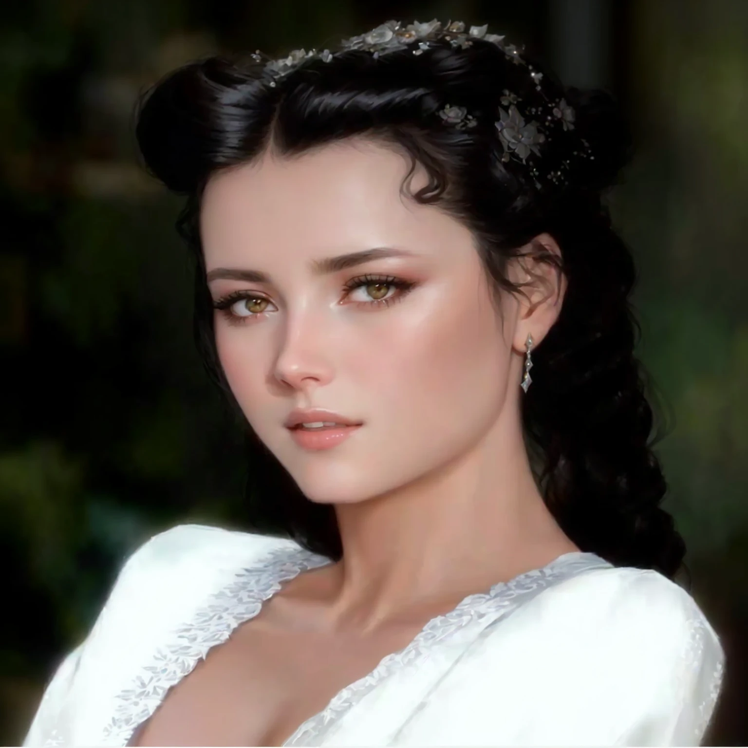 a close-up of a woman in a white dress and black hair, work of art! portrait of arwen, young arab Monica Belluci, anastasia ovchinnikova, beautiful caitriona balfe, yelena belova, kaya scodelario, Scarlett's Heads, Catarina, angelina stroganova, Direction: Olga Rozanova