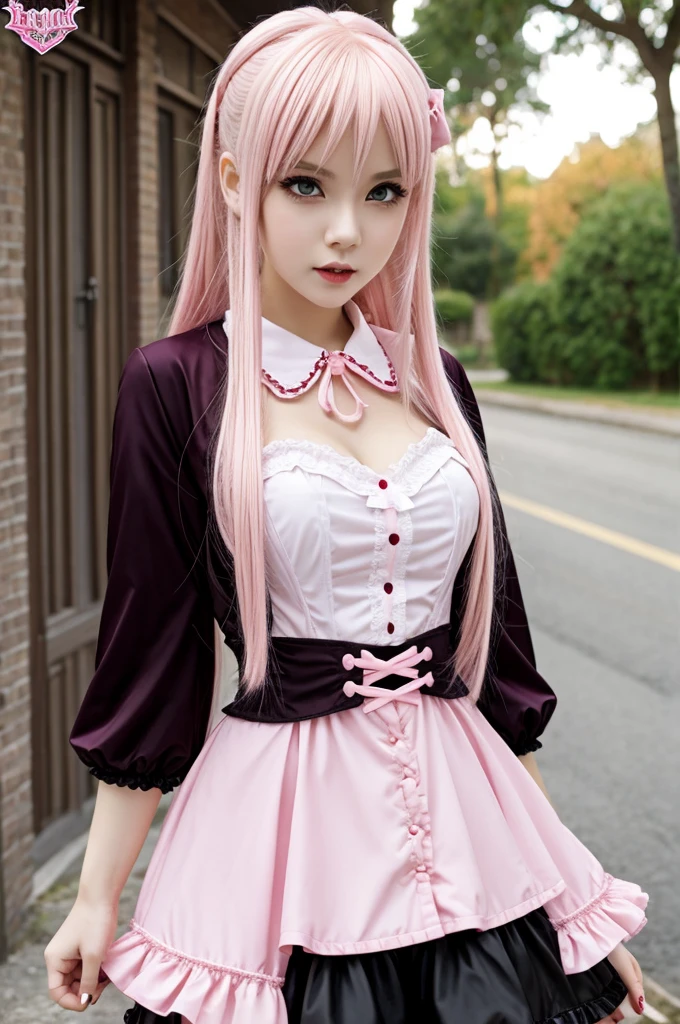 vampire woman blond with fags out anime style pink clothes lolita