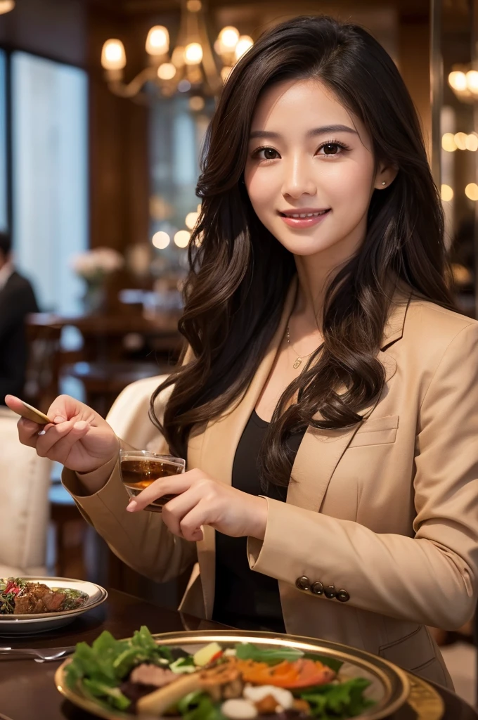 1 adult female, Long Hair, Curly Hair, Black hair color, Smooth Skin, Brown eyes, With a smile, Vegetation, hour々, Business woman style clothing, Light Brown Blazer, Realist, With fine dining restaurant background, 8k super Realist, super detalhado e Realist,Who to call,Young Asian Man
