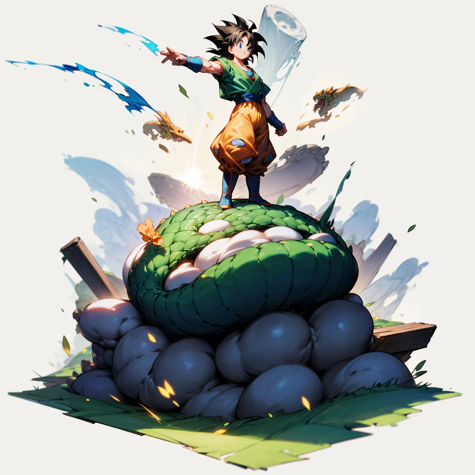 Ultra detailed, full background, Full body version, motion blur, plasma, lens blur, overlay color, overlay blending, lighten blending, chromatic aberration, hd, ultra hd, boy, Curly hair, blue eyes, (dragon ball style)