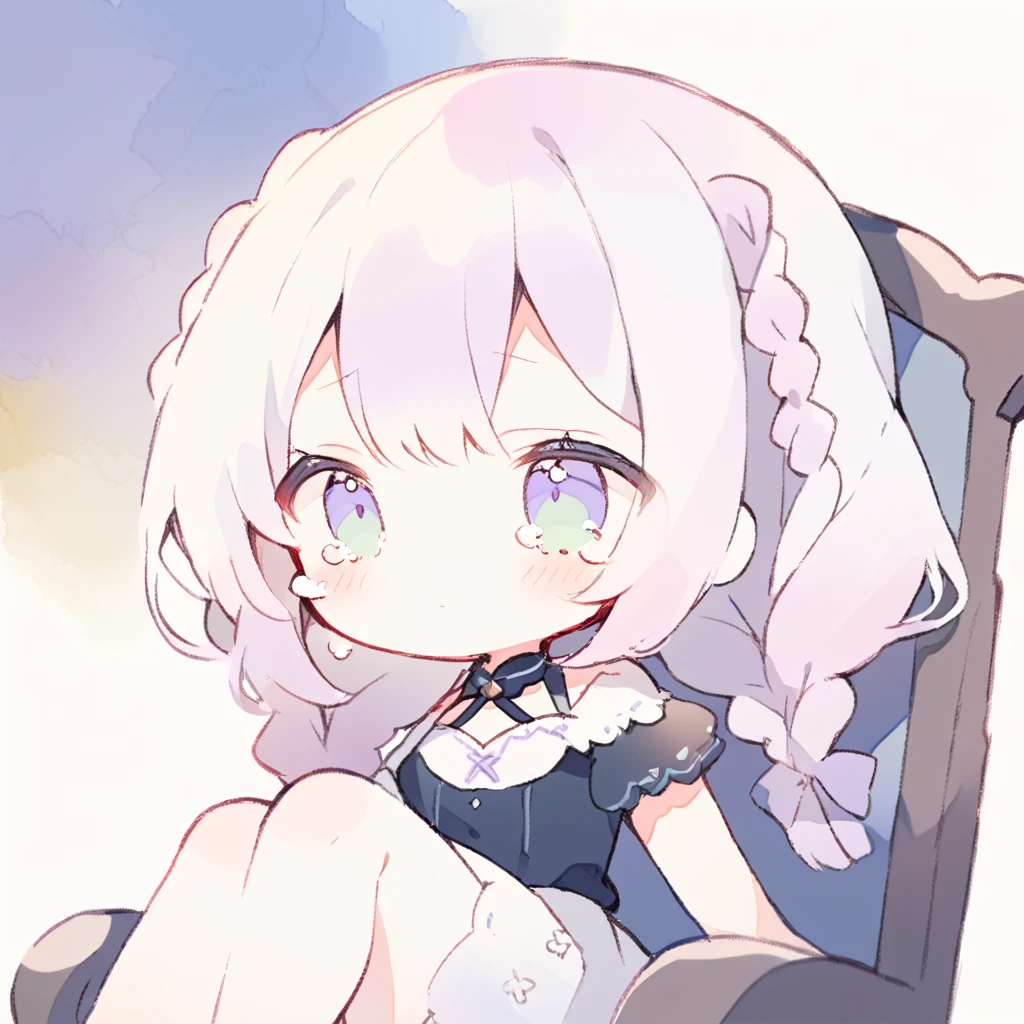 masterpiece, ultra detailed, 8K, full body shot,, a girl, kawaii, light atmosphere, (Cute a girl:1.5), (a girl with closs hair pin, pale purple hair, wavy two braids, blunt bangs hair, green and black eyes empty eyes, yandere, portrait:1.4), anime visual, (tilt head:1.3), extremely delicate face, realistic lighting and shading, (an extremely delicate and beautiful art:1.3),Watercolor painting, a girl, Slender girl with small breasts, Black maid dress, Sitting helplessly in a chair, expressionless, eyes unfocused, large tears spilling from the eyes,