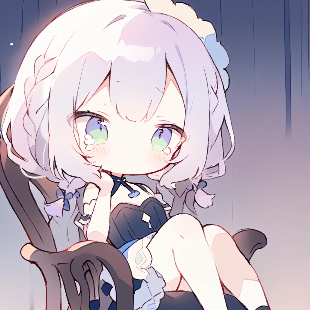 masterpiece, ultra detailed, 8K, full body shot,, a girl, kawaii, light atmosphere, (Cute a girl:1.5), (a girl with closs hair pin, pale purple hair, wavy two braids, blunt bangs hair, green and black eyes empty eyes, yandere, portrait:1.4), anime visual, (tilt head:1.3), extremely delicate face, realistic lighting and shading, (an extremely delicate and beautiful art:1.3),Watercolor painting, a girl, Slender girl with small breasts, Black maid dress, Sitting helplessly in a chair, expressionless, eyes unfocused, large tears spilling from the eyes,