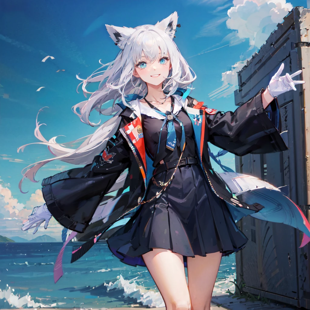 Gray Hair blue eyes Long Hair have student Fox Ears Nice Blue Earrings necklace gloves beauty thin Sailor suit Wearing a black coat Fantasy smile Coastal sunset Fluffy hair