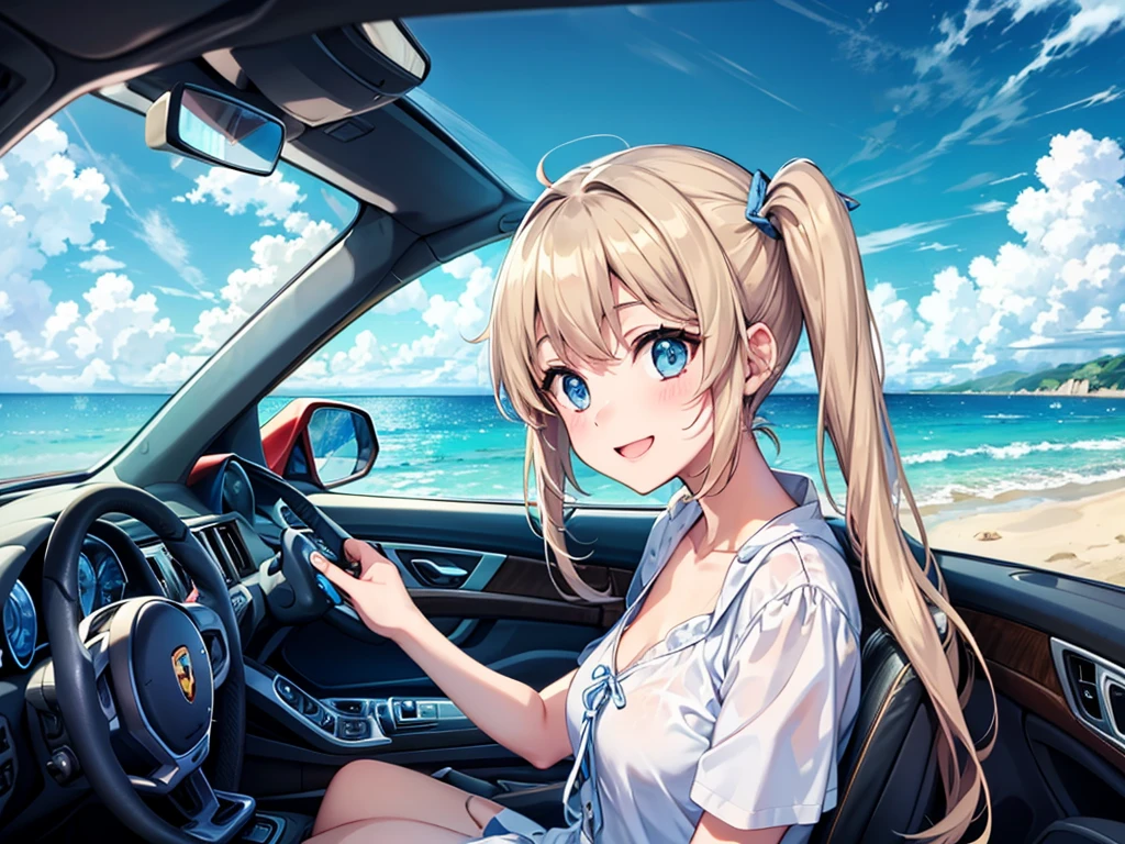 Light blue long hair、Beautiful girl with twin tails、Driving a Porsche along the beach、blue sky、White cloud、Bright smile、Seaside scenery