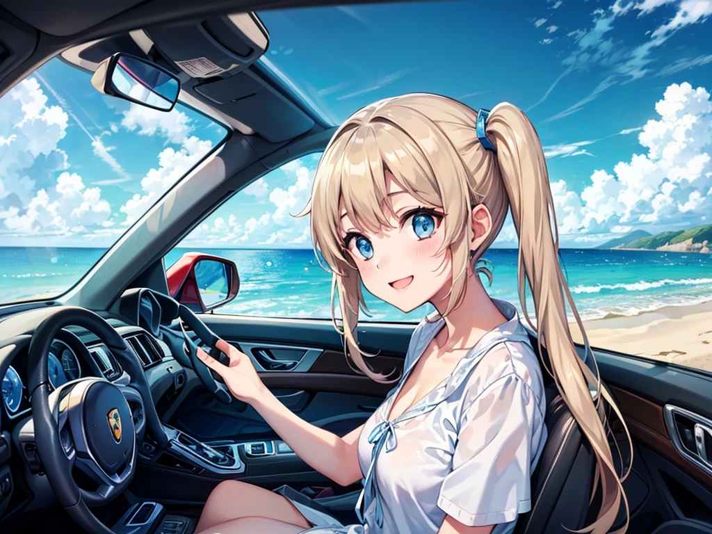 Light blue long hair、Beautiful girl with twin tails、Driving a Porsche along the beach、blue sky、White cloud、Bright smile、Seaside scenery