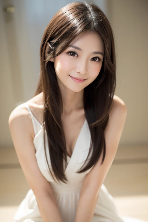 A beautiful Japanese woman in her early 30s with long, straight, dark brown hair and expressive eyes. She has a radiant smile, a small nose, and delicate facial features. She is wearing an elegant, stylish dress and is posed gracefully against a soft, blurred background. The lighting is gentle, enhancing her natural beauty and warm, inviting aura.