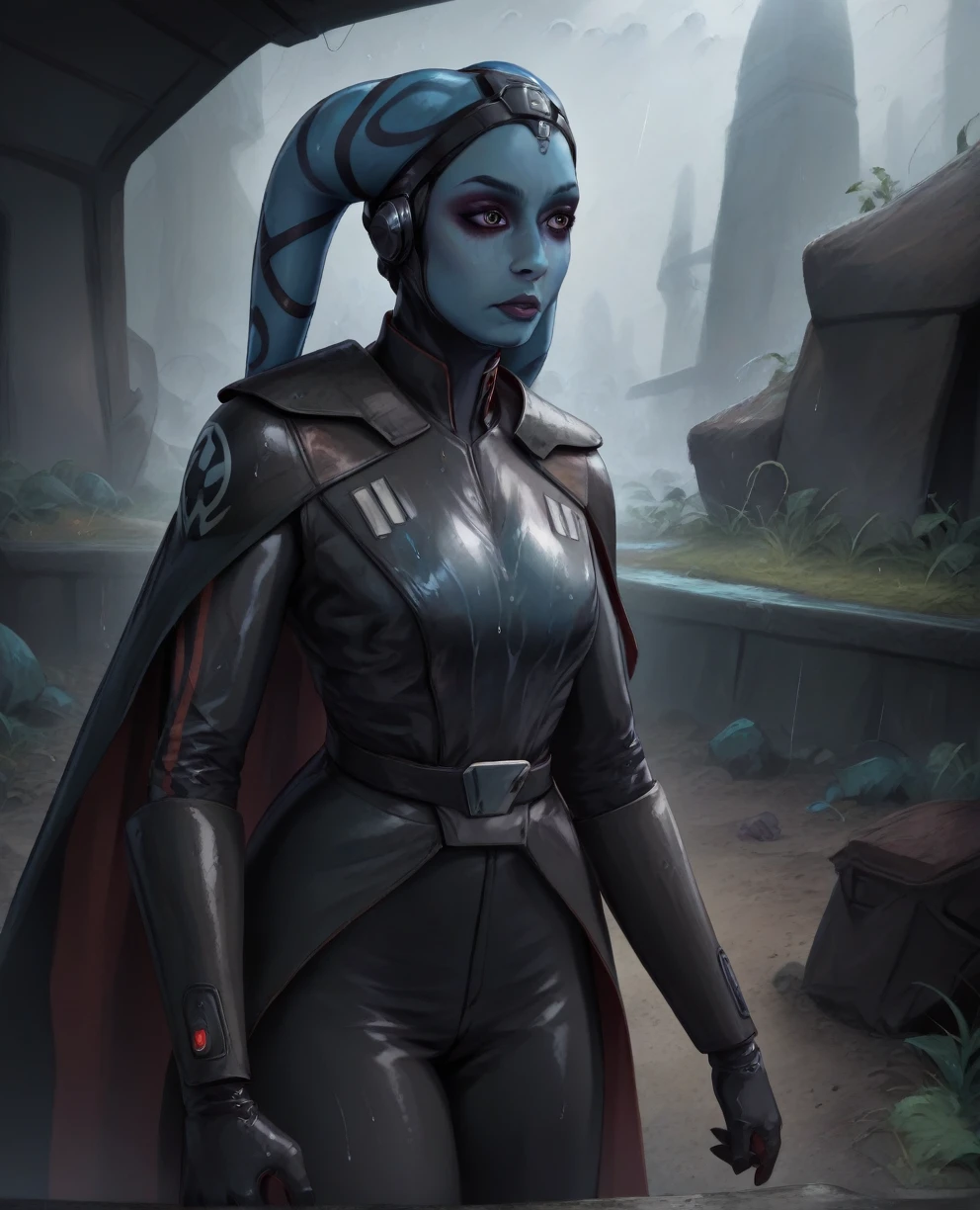 score_9,score_8_up,score_7_up,score_6_up, Female Twi'lek, Aayla Secura ,(((wearing armor))) , FULL body, wet, armor,gloves,black bodysuit,black cape,belt,rain, science fiction,sith base, star wars, outdoors, rain, solo,fflixbag ((wearing armor))