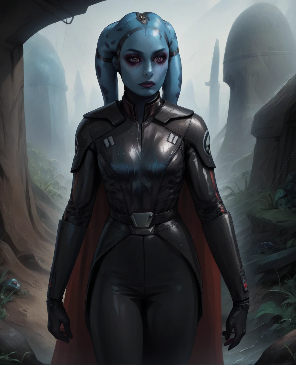 score_9,score_8_up,score_7_up,score_6_up, Female Twi'lek, Aayla Secura ,(((wearing armor))) , FULL body, wet, armor,gloves,black bodysuit,black cape,belt,rain, science fiction,sith base, star wars, outdoors, rain, solo,fflixbag ((wearing armor))
