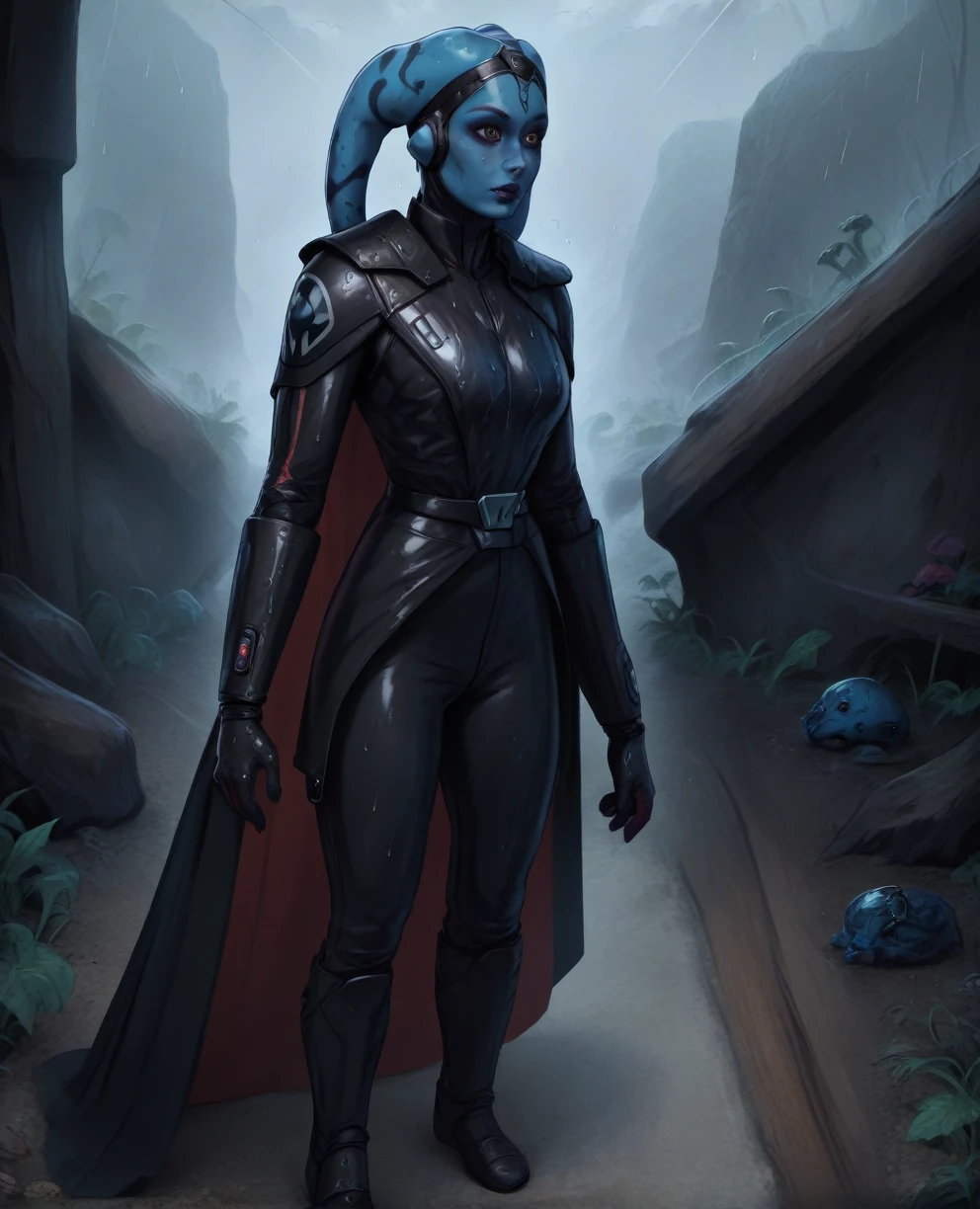 score_9,score_8_up,score_7_up,score_6_up, Female Twi'lek, Aayla Secura ,(((wearing armor))) , FULL body, wet, armor,gloves,black bodysuit,black cape,belt,rain, science fiction,sith base, star wars, outdoors, rain, solo,fflixbag ((wearing armor))