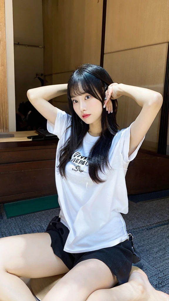 japanesefemale,black hair,drooping eyes,Sit on the desk with legs spread, hands behind head, semi-long,Yshirt,