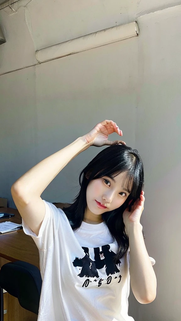 japanesefemale,black hair,drooping eyes,Sit on the desk with legs spread, hands behind head, semi-long,Yshirt,