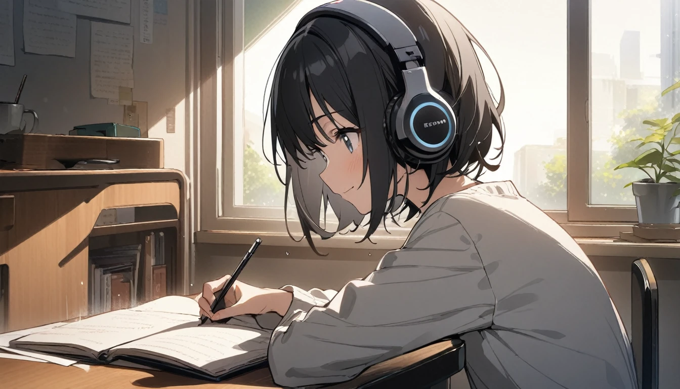 1girl, solo, gentle smile on her face flat chest, short hair, black hair, upper body, ((masterpiece, illustration, best quality)) ((best quality)), ((masterpiece)),Midnight、Inside the room、Rain outside the window、Young girl、Wearing headphones、Concentrate and study at your desk、Notebook on desk、coffee、smartphone、There is only a small light from the desk in the room.、Side view
